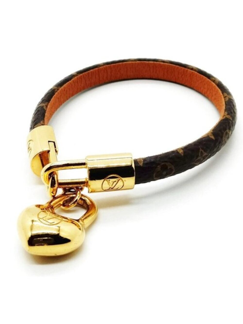 Authentic Louis Vuitton Monogram Heart Lock Leather Bracelet Gold Tone LV Charm - Picture 2 of 10